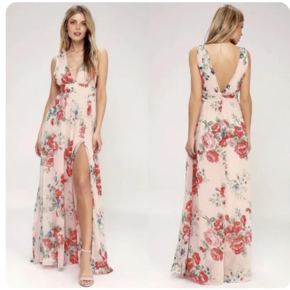 Lulus Garden Meandering Peach/Coral V neck Floral Maxi Party Wedding dress;Large